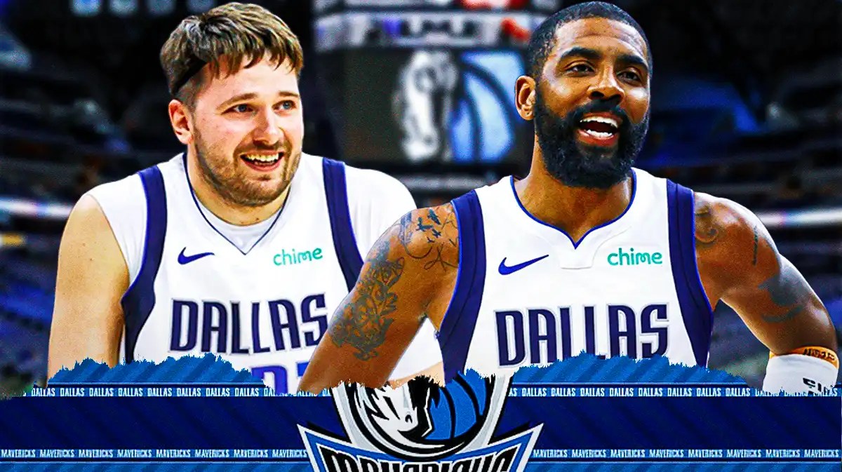 Mavericks, Kyrie Irving, Luka Doncic, Nets, Mavericks injury, Kyrie Irving and Luka Doncic in Mavericks unis with Mavericks arena in the background