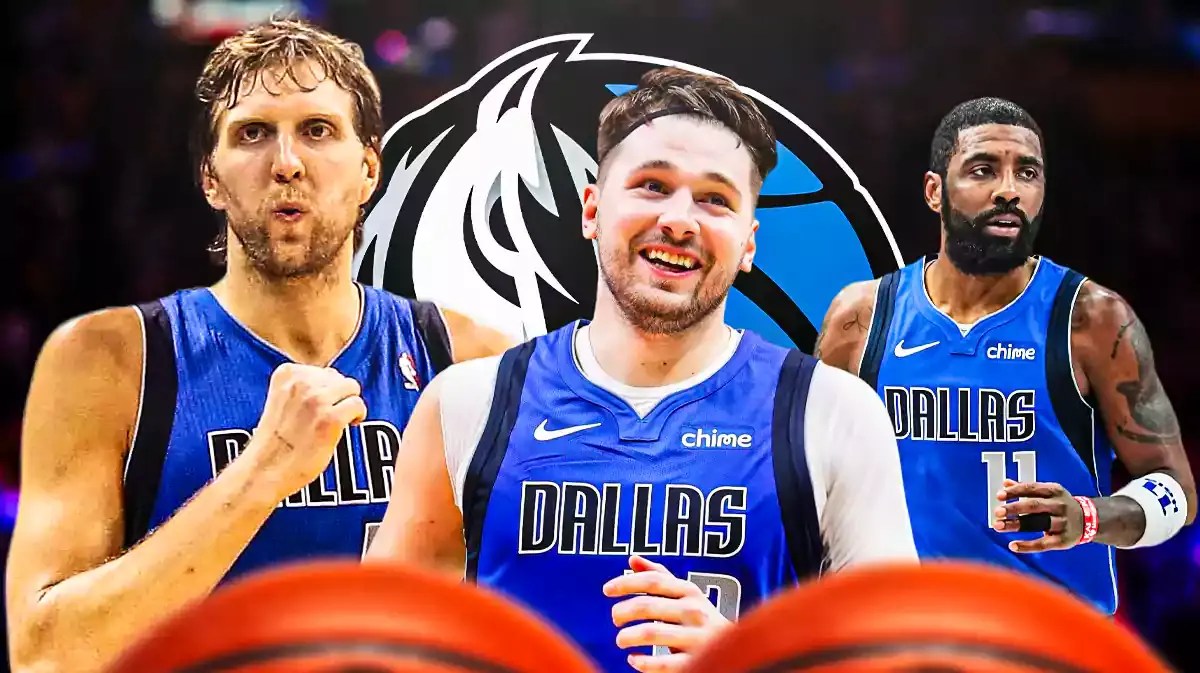 Dirk Nowitzki in 2011 with the Mavericks on left. On right, Mavericks' Luka Doncic and Mavericks' Kyrie Irving. In middle, place the Mavericks' logo.