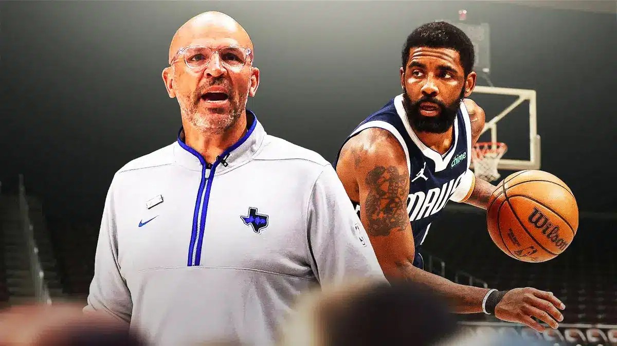 Jason Kidd, Kyrie Irving with Dallas Mavericks jersey dribbling a basketball