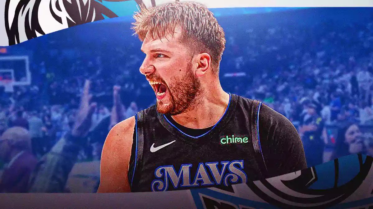 Luka Doncic looking angry with the Mavs arena in the background