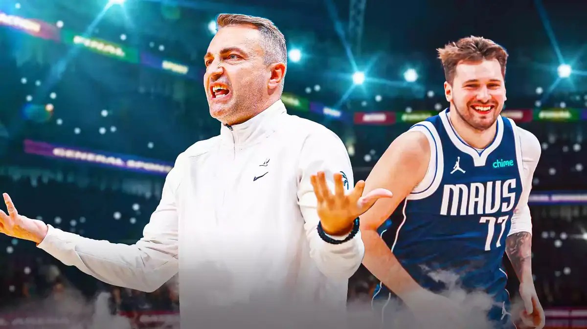 Raptors coach Darko Rajakovic shrugs while Mavericks star Luka Doncic laughs