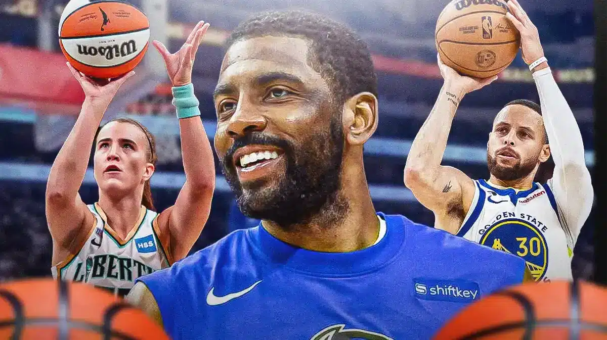 Kyrie Irving (Mavericks uniform) in front smiling. In background on left, place Sabrina Ionescu shooting a basketball. In background on right, place Stephen Curry shooting a basketball.