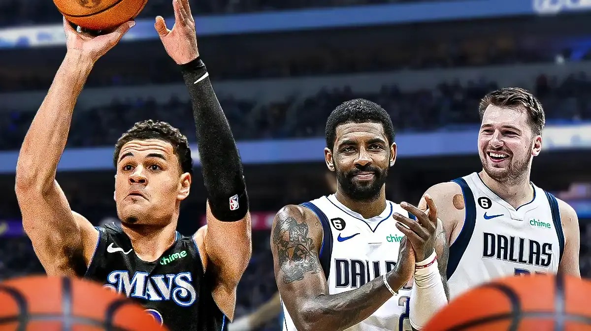 Mavericks' Josh Green shooting a basketball on left. On right, have Mavericks' Luka Doncic, Mavericks' Kyrie Irving both smiling.