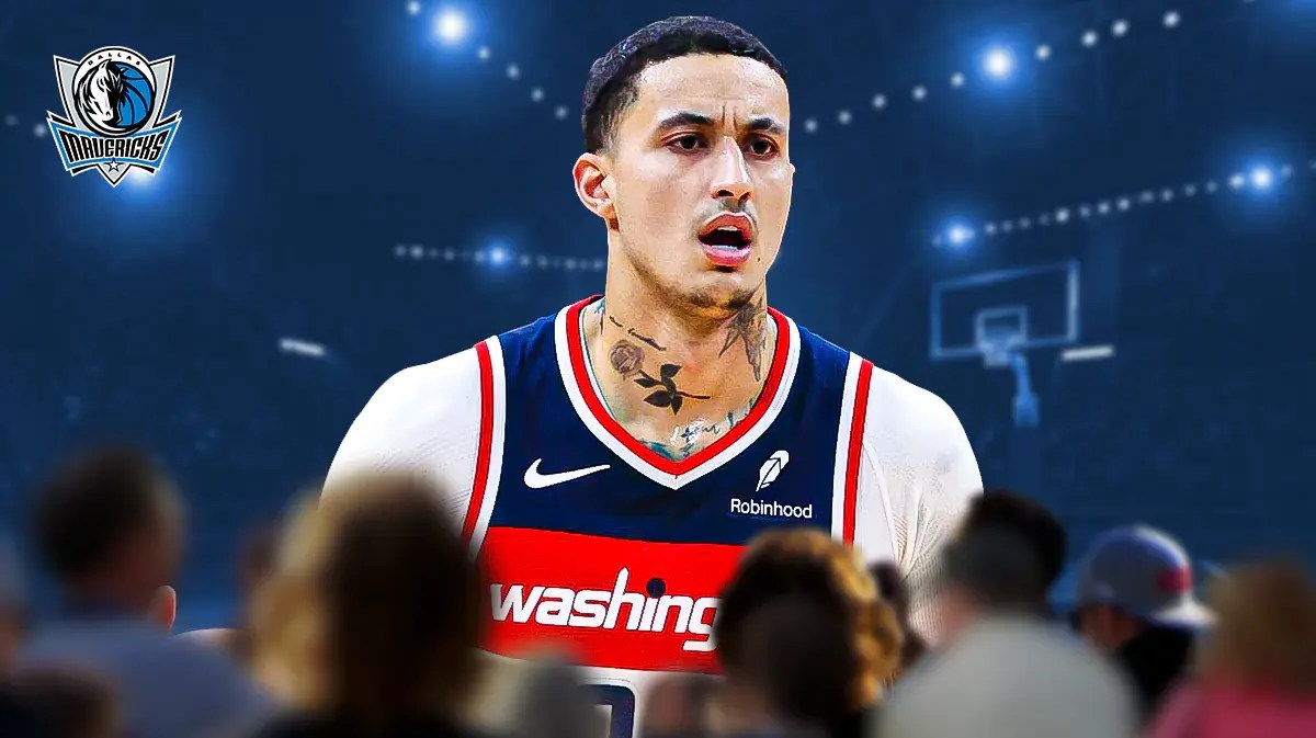 Kyle Kuzma in Washington Wizards Jersey, Dallas Mavericks logo in the background, Mavs