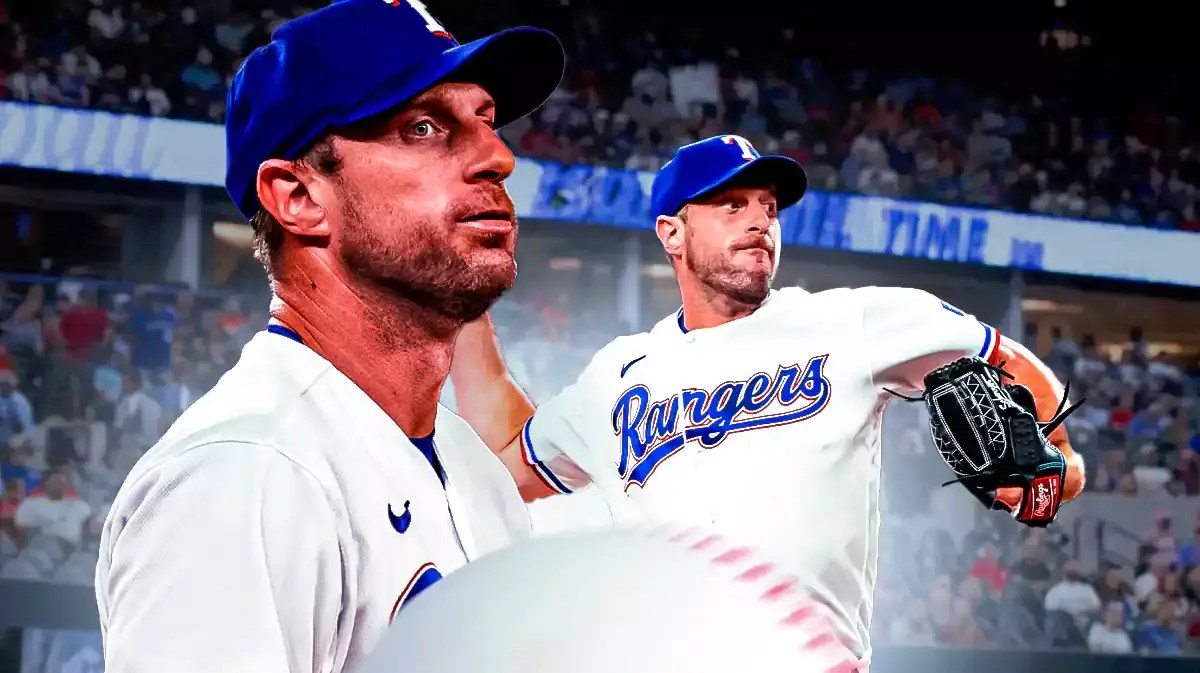 Max Scherzer in front looking serious. In background, Max Scherzer pitching a baseball. Rangers uniform for both.