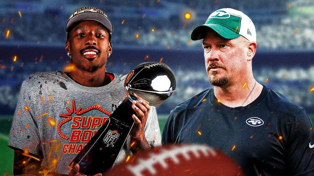 Image thumb: Mecole Hardman of Chiefs holding Super Bowl trophy, fire coming out of his mouth looking at Jets offensive coordinator Nathaniel Hackett.