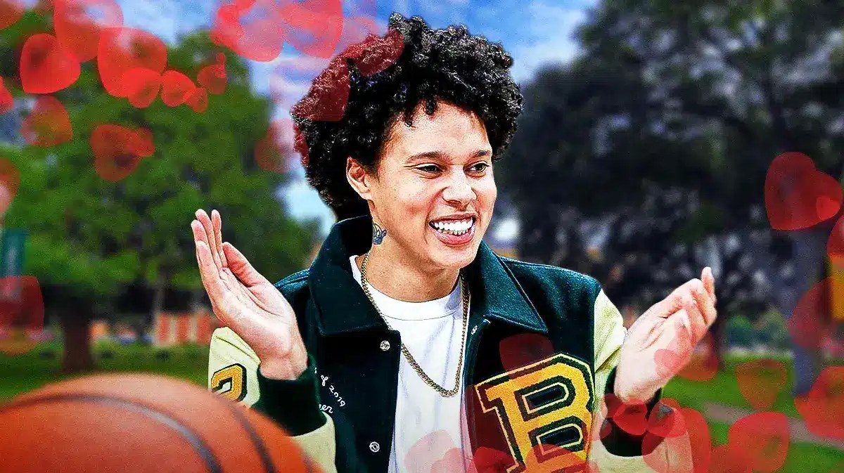 Phoenix Mercury player Brittney Griner, with hearts around her and the University of Baylor in the background