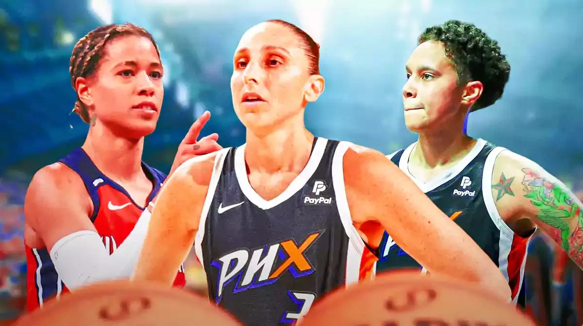 Washington Mystics player Natasha Cloud, with Phoenix Mercury players Brittney Griner and Diana Taurasi