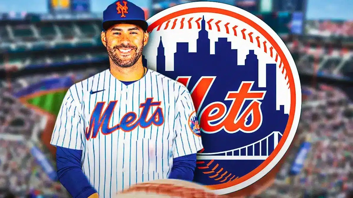 JD Martinez in a Mets jersey next to a Mets logo at Citi Field