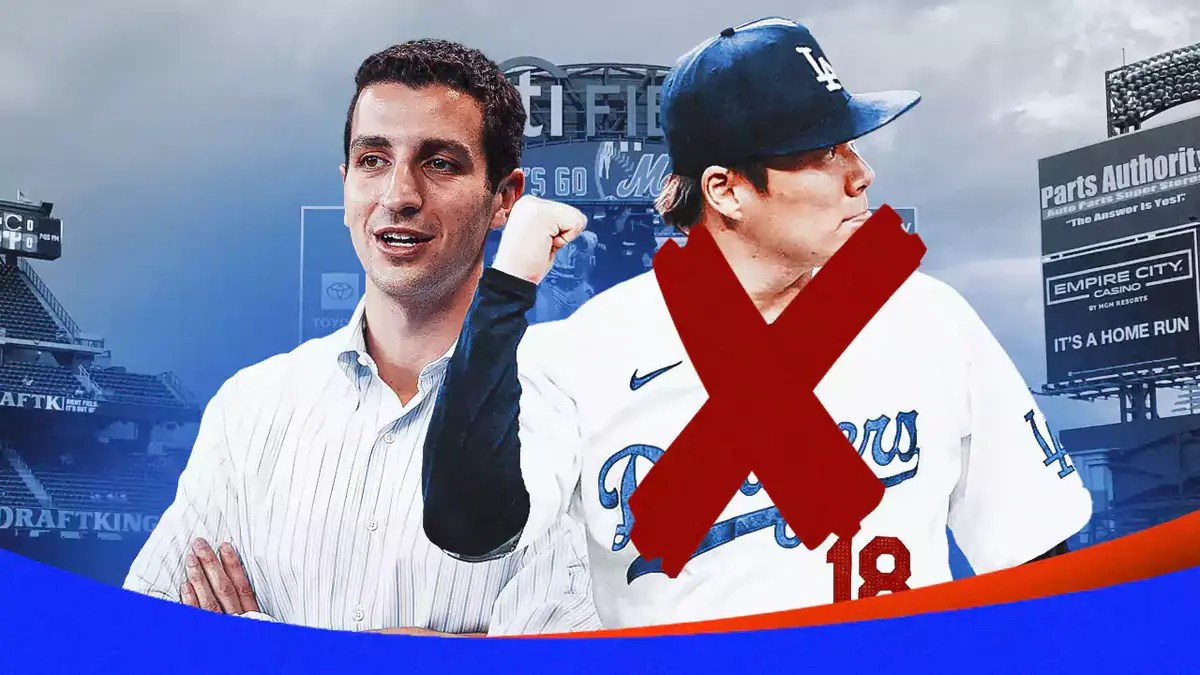 NY Mets GM David Stearns and new LA Dodgers pitcher Yoshinobu Yamamoto and please place a red X over Yamamoto’s image, to signify the Mets did not sign him.