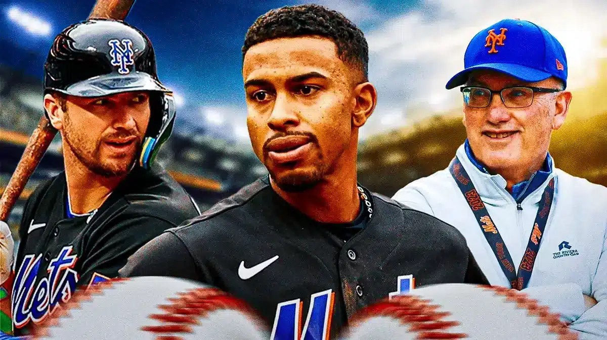 Mets' Francisco Lindor, Mets' Steve Cohen, and Mets' Pete Alonso all smiling together.