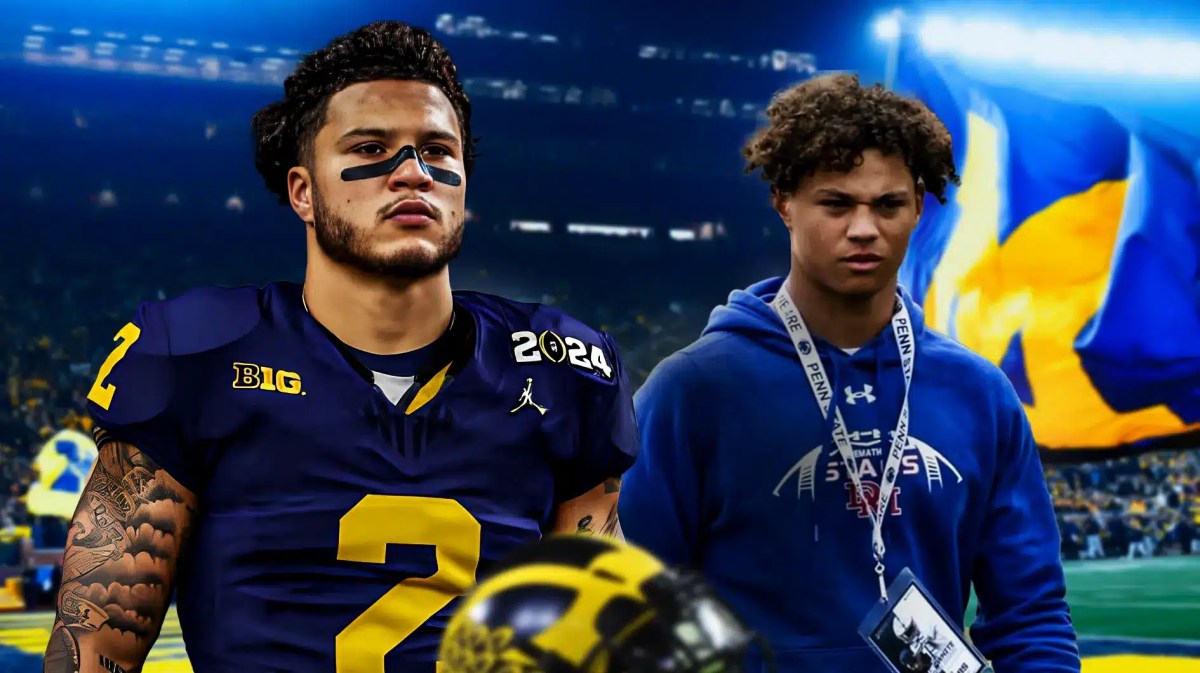 Michigan football, Wolverines, Blake Corum, Bud Coombs, Blake Corum Michigan, Bud Coombs and Blake Corum with Michigan football stadium in the background