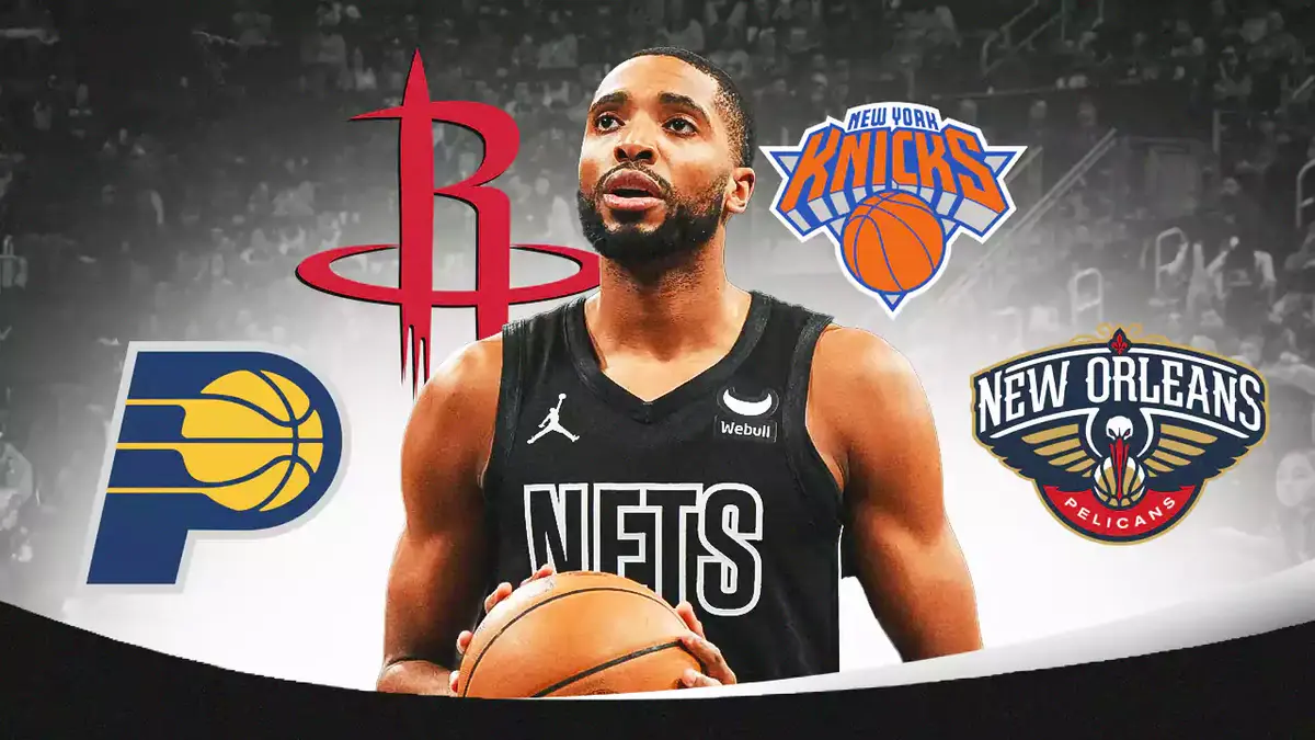Mikal Bridges in a Nets uniform, with the Pacers, Rockets, Knicks, and Pelicans logos around him