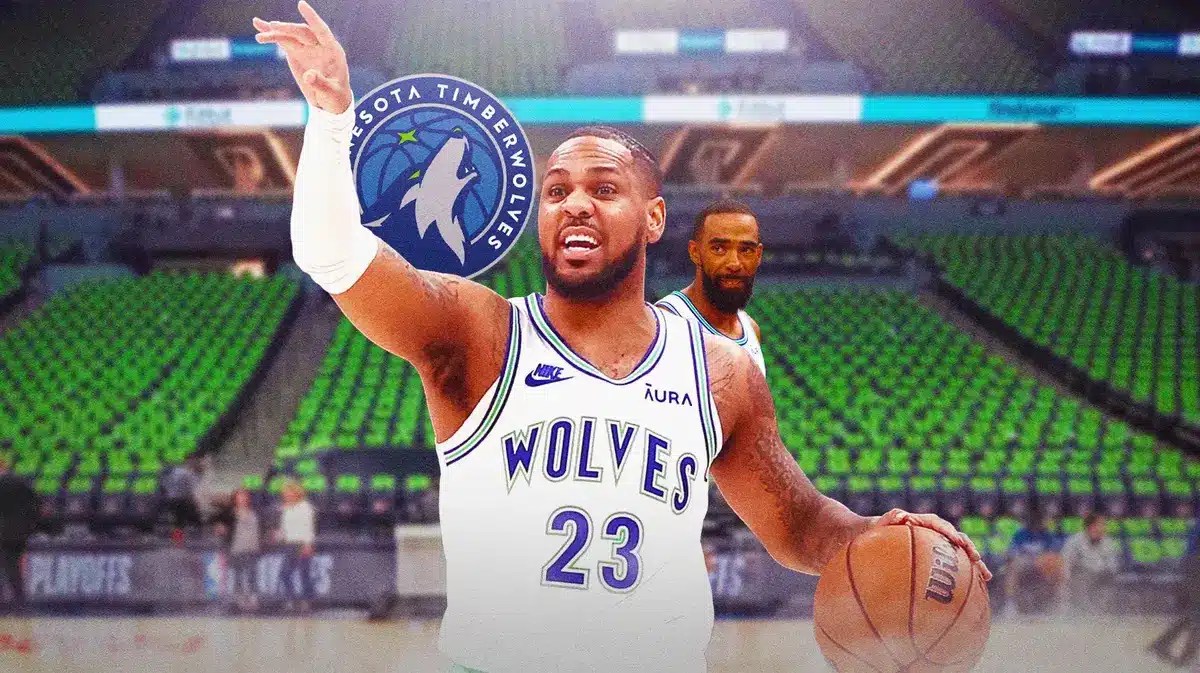 Timberwolves Monte Morris next to a Timberwolves logo and Mike Conley