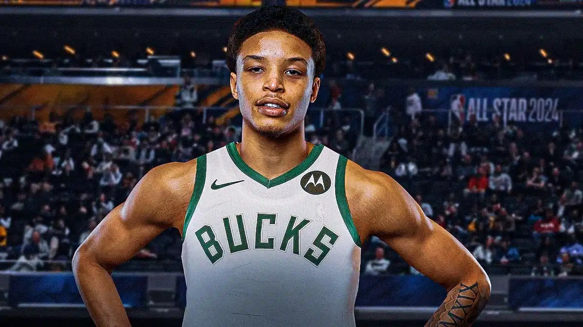 Ryan Rollins in a Bucks jersey with the Bucks arena in the background, contract
