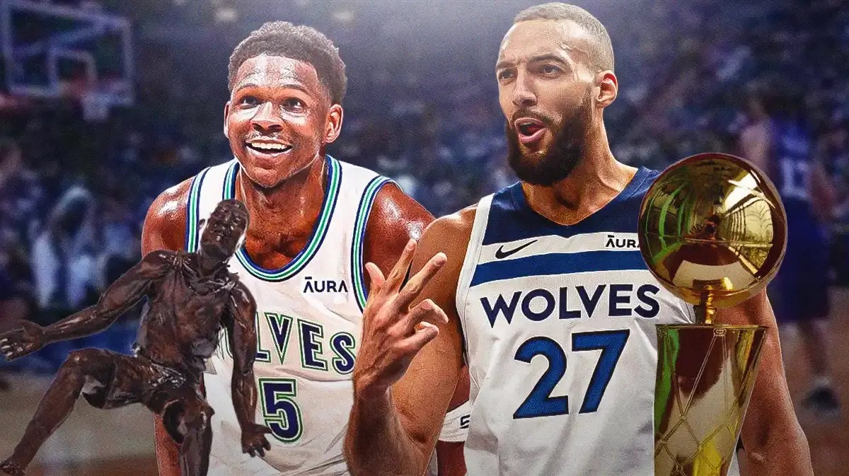 Anthony Edwards, Rudy Gobert holding a DPOY trophy and maybe a Larry O’Brien trophy to garner clicks