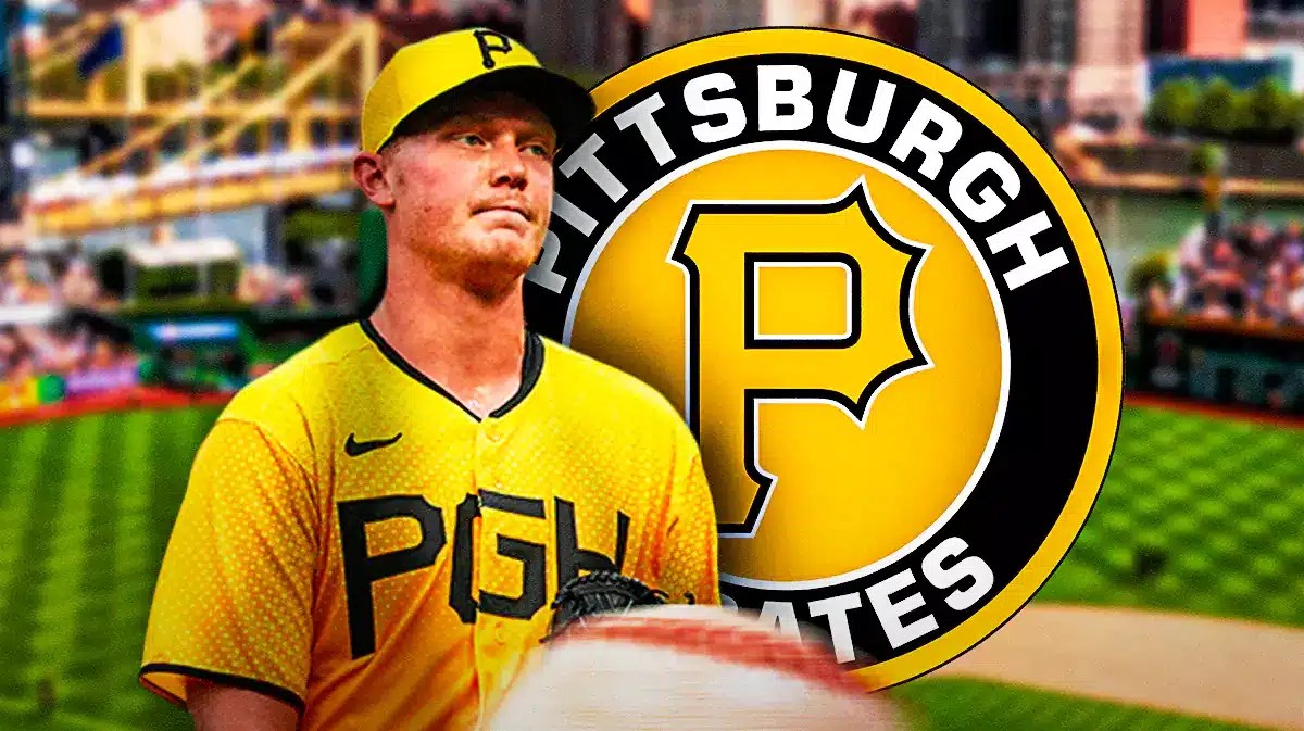 Pirates pitcher Mitch Keller, with a Pirates logo next to him.