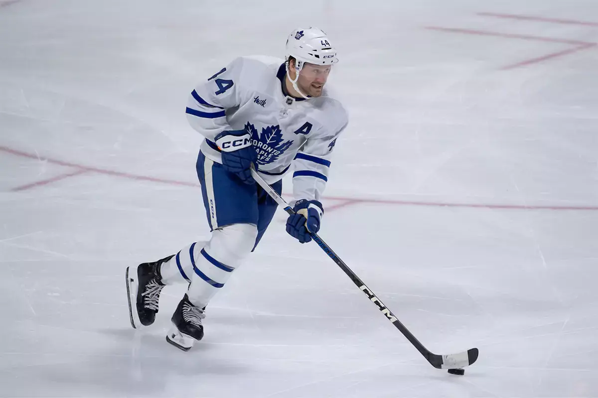 Toronto Maple Leafs defenseman Morgan Rielly (44) skates with the puck in the third period against the Ottawa Senators at the Canadian Tire Centre.