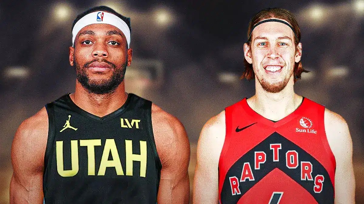 Bruce Brown in a Jazz uni, with Kelly Olynyk in a Raptors uni