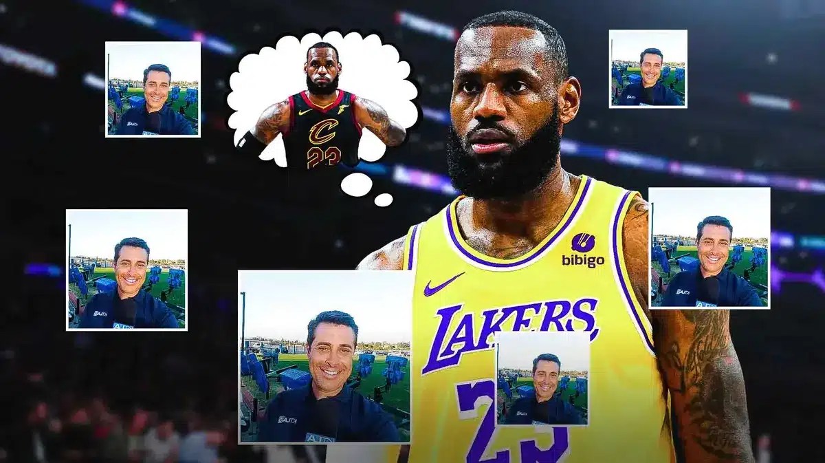 Lakers' LeBron James looking serious in the middle, with a thought bubble on James containing an image of him from his Cavs days (2018 version), with the Twitter DP of David Pingalore all over LeBron