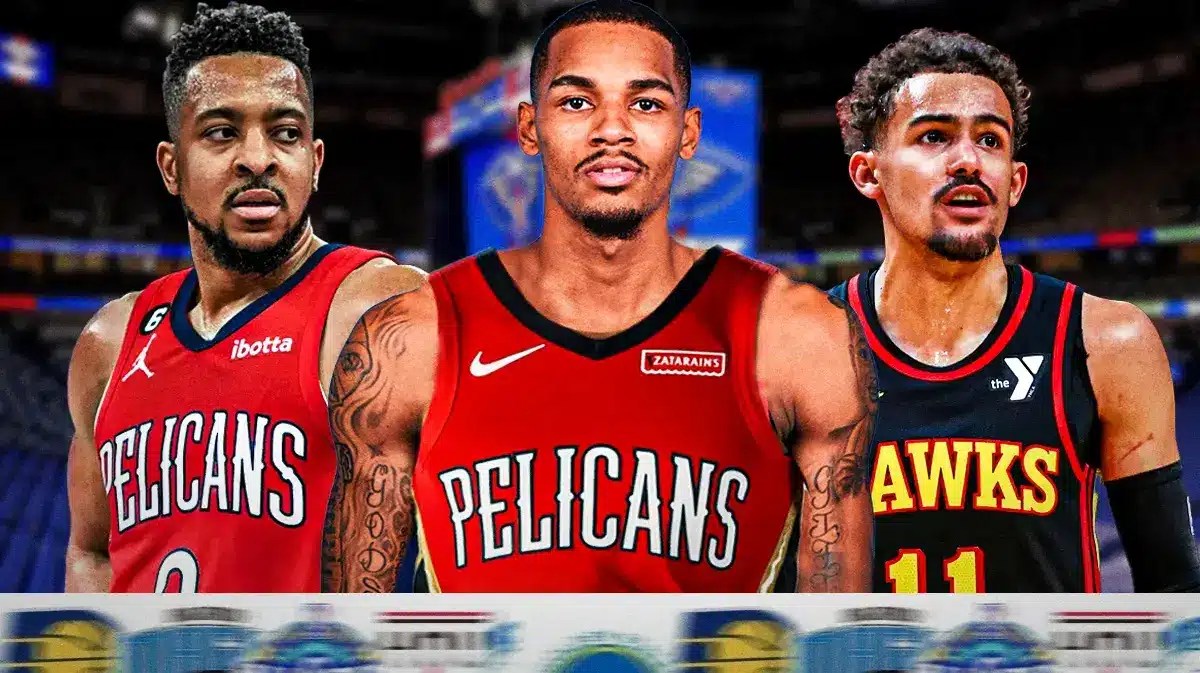 Dejounte Murray in a Pelicans uniform in the middle, with CJ McCollum to his left and Hawks' Trae Young to his right