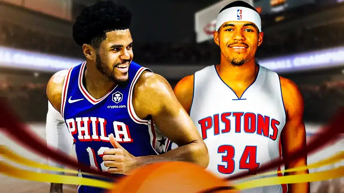 76ers' Tobias Harris smiling, with a picture of him with the Pistons (2016-17 version) beside him