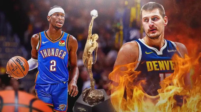 Shai Gilgeous-Alexander next to Nikola Jokic with MVP trophy and on fire.