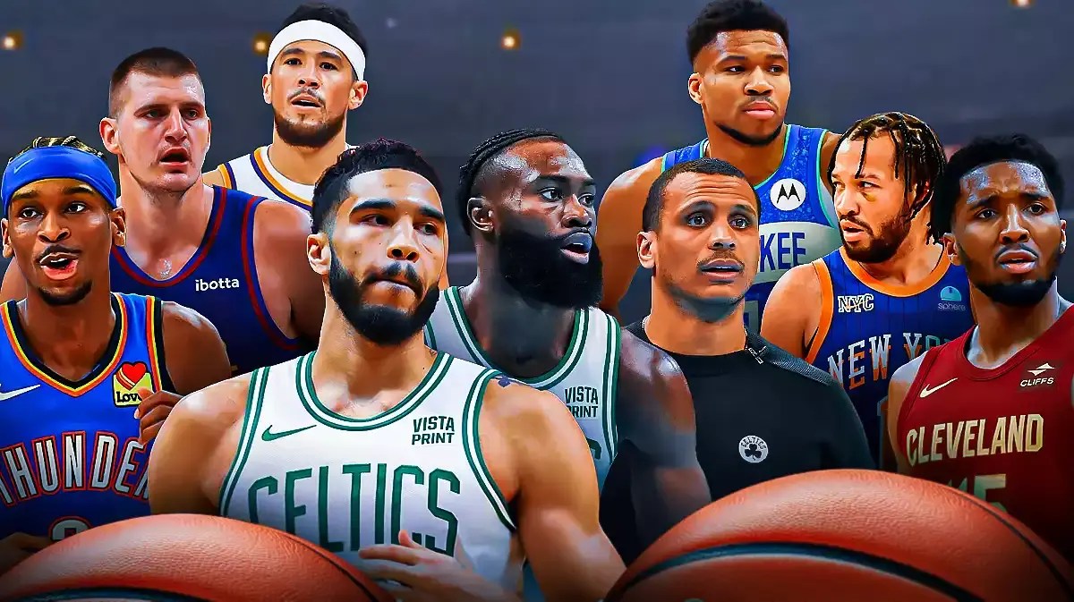 Celtics' Joe Mazzulla, Jayson Tatum and Jaylen Brown surrounded by the following: Shai Gilgeous-Alexander, Nikola Jokic, Devin Booker, Jalen Brunson, Giannis Antetokounmpo, and Donovan Mitchell