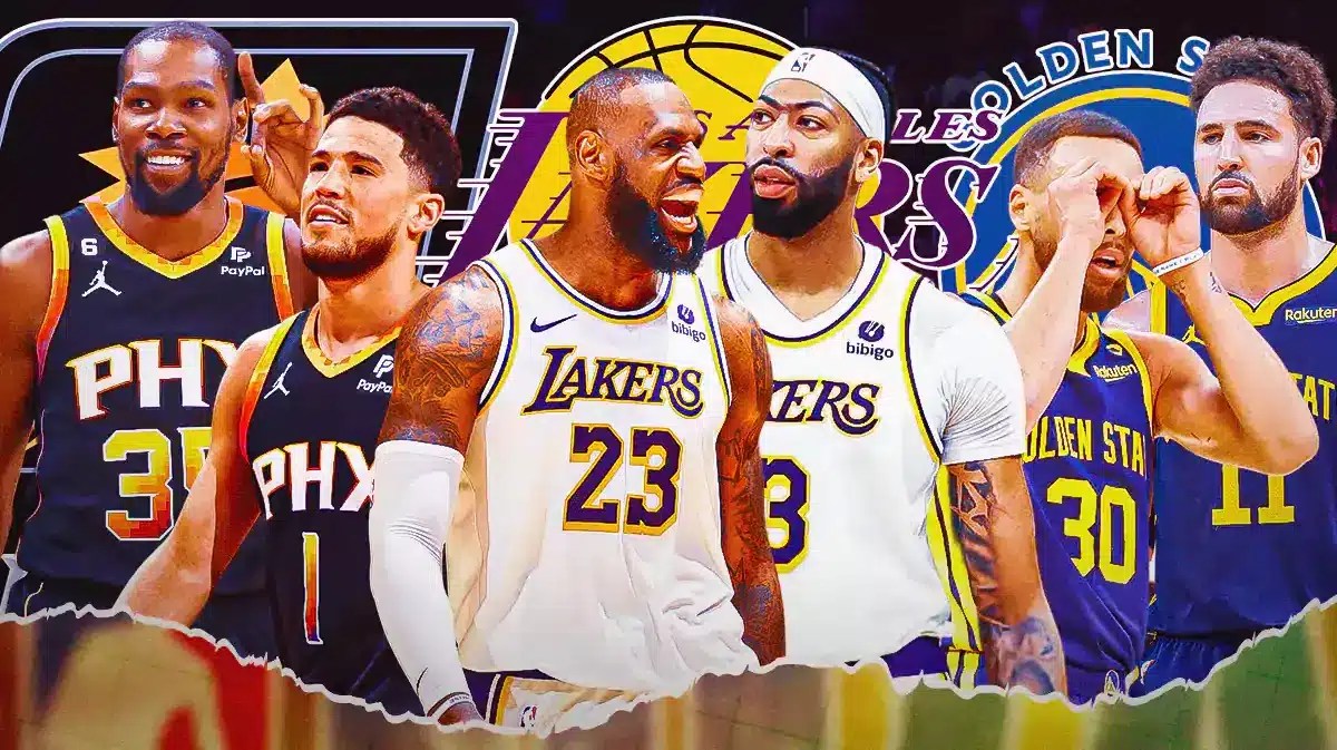 Suns' Kevin Durant and Devin Booker; Lakers' LeBron James and Anthony Davis; Warriors' Stephen Curry and Klay Thompson