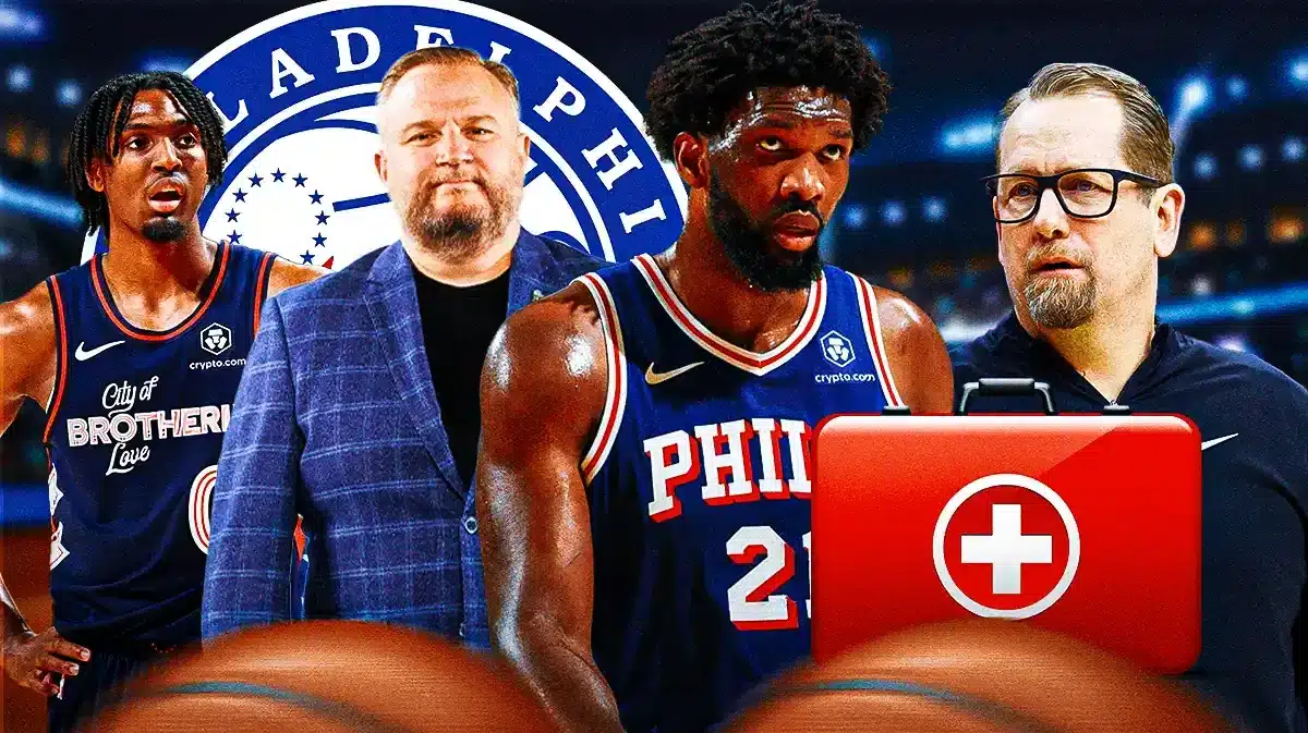 Tyrese Maxey, Daryl Morey and Nick Nurse next to Joel Embiid holding a red medical box