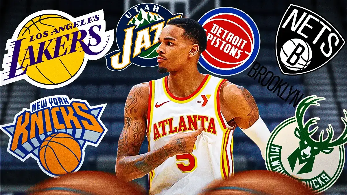 Dejounte Murray with logos of Lakers, Knicks, Jazz, Pistons, Nets and Bucks around him