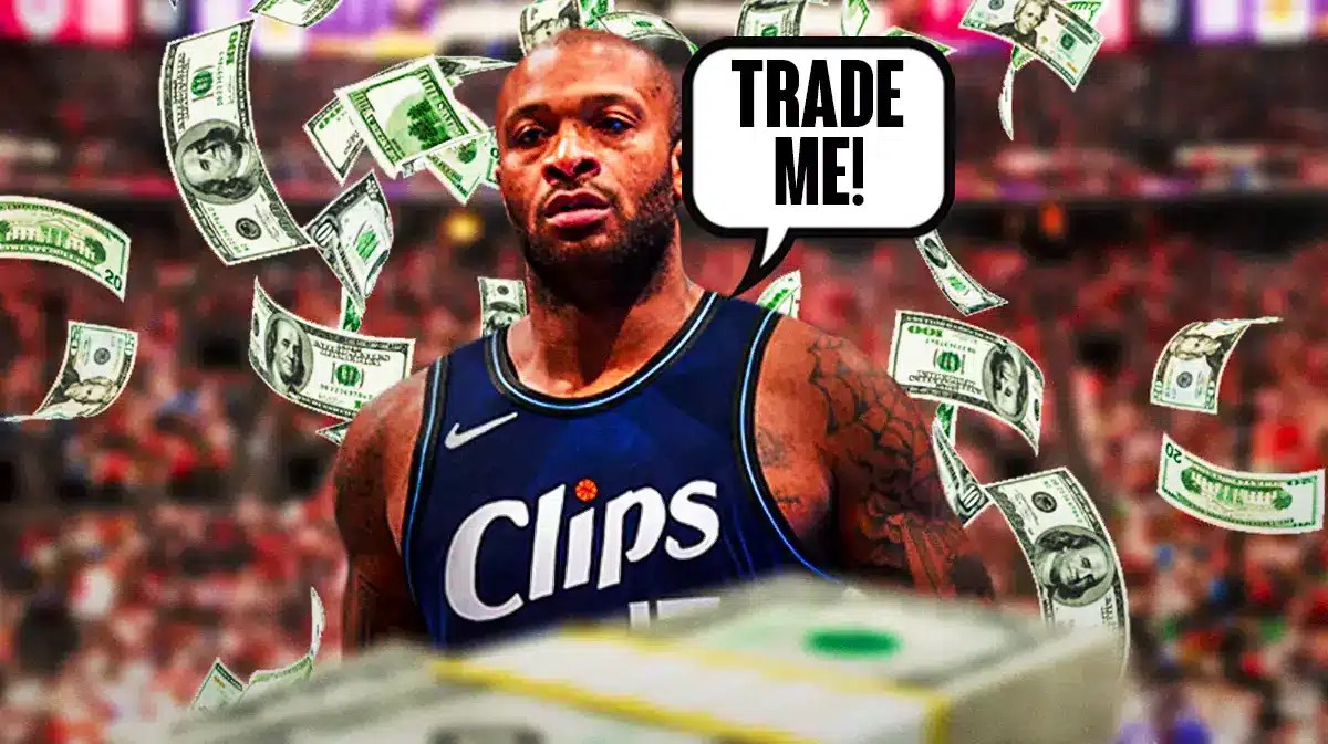 PJ Tucker with money falling saying "Trade me"