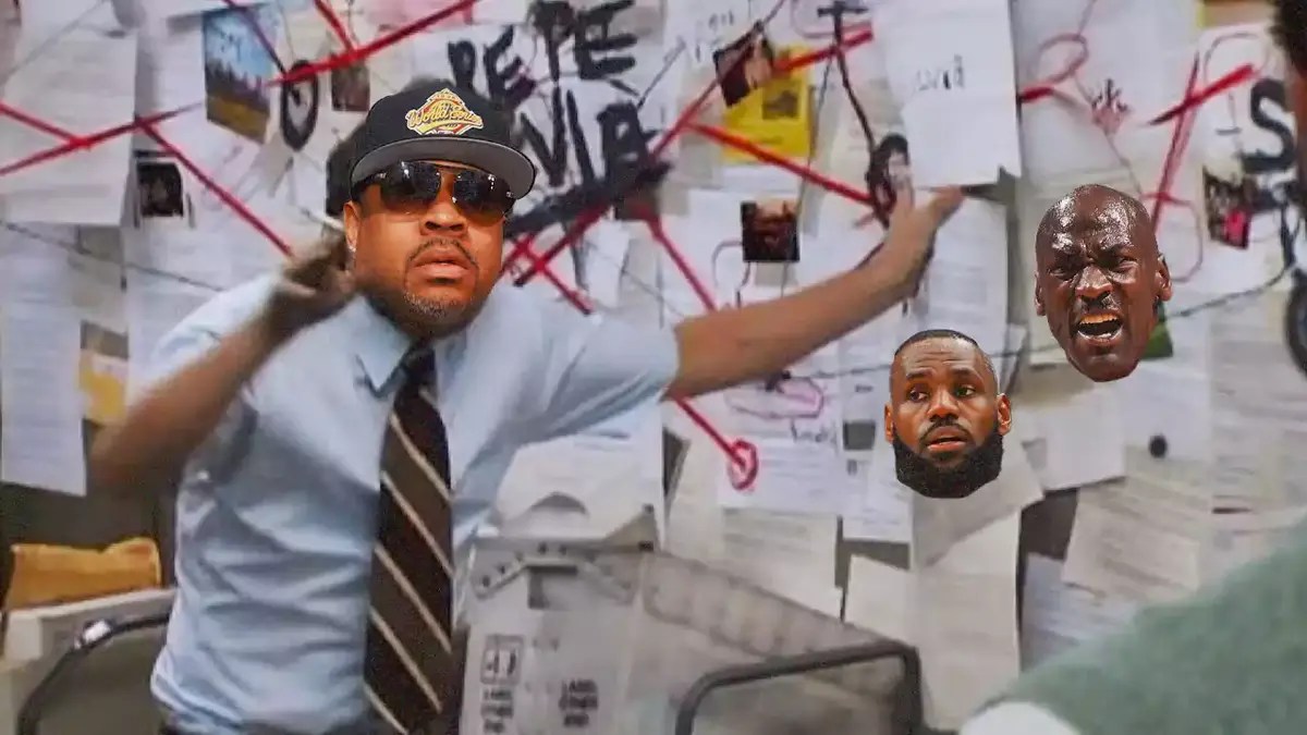 Allen Iverson as the explaining meme guy with faces of LeBron James (Lakers) and Michael Jordan (Chicago Bulls) on the board
