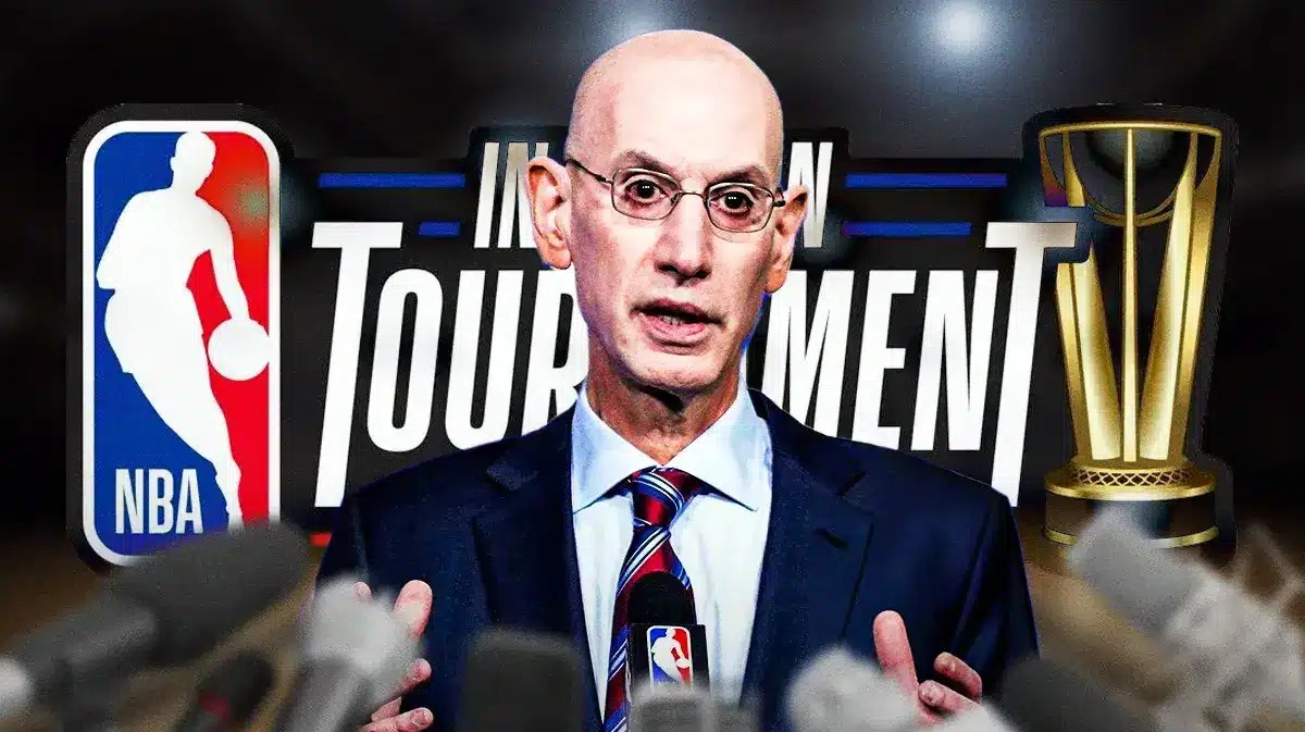 Photo: Adam Silver with NBA In-Season tournament logo behind him