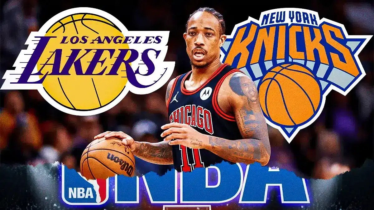 Bulls' DeMar DeRozan looking serious with the city of Chicago in background. Place the Lakers and Knicks logos next to DeRozan.