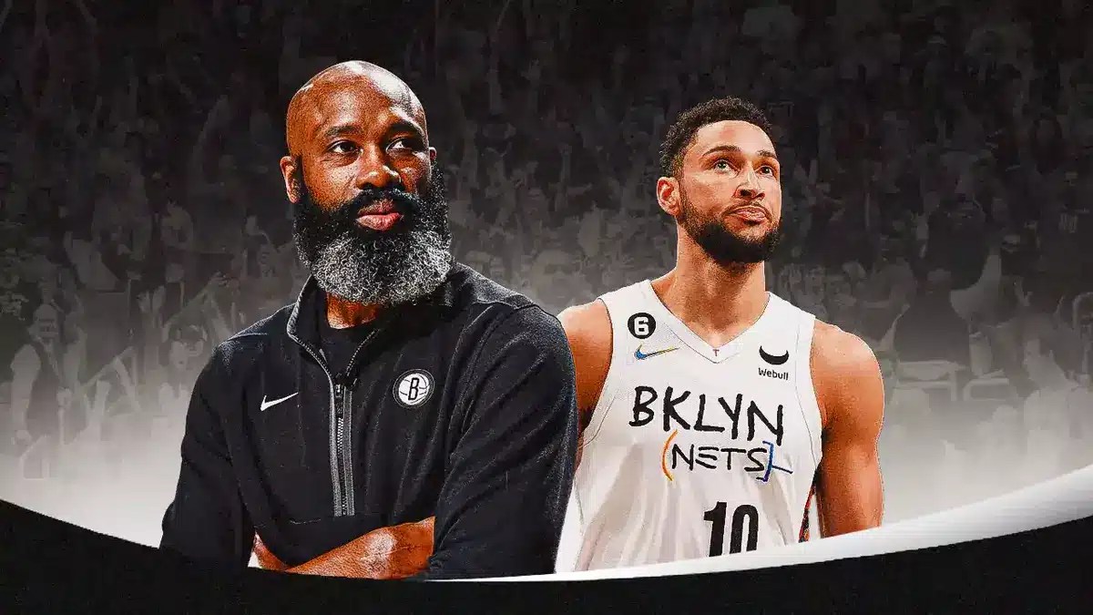 Former Brooklyn Nets head coach Jacque Vaughn and star Ben Simmons in front of the Barclays Center.