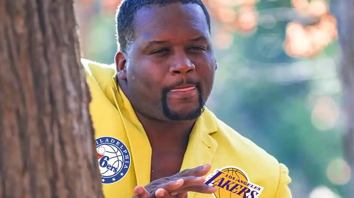 Spice Adams meme with Lakers and 76ers logos on his suit, Kyle Lowry (Hornets)
