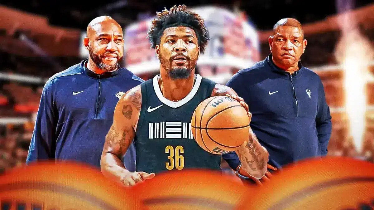 Grizzlies' Marcus Smart with Bucks coach Doc RIvers and Lakers coach Darvin Ham looking.