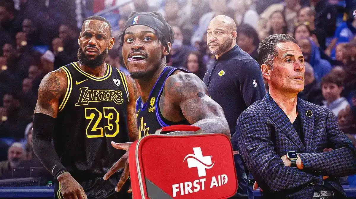 Lakers' Jarred Vanderbilt with injury bag next to LeBron James, Darvin Ham, Rob Pelinka