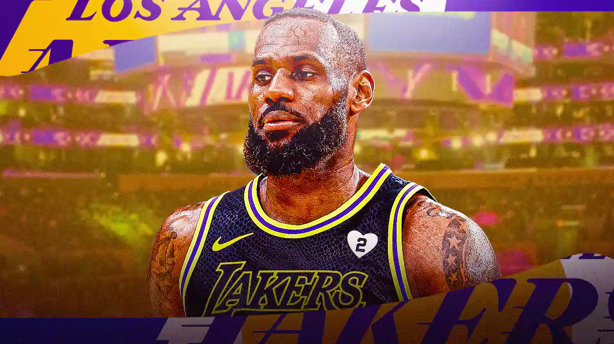 LeBron James with the Lakers arena in the background