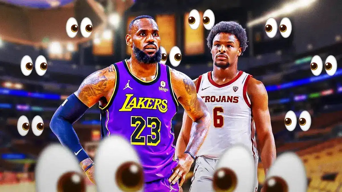 LeBron James and Bronny James with a bunch of the big eyes emoji in the background