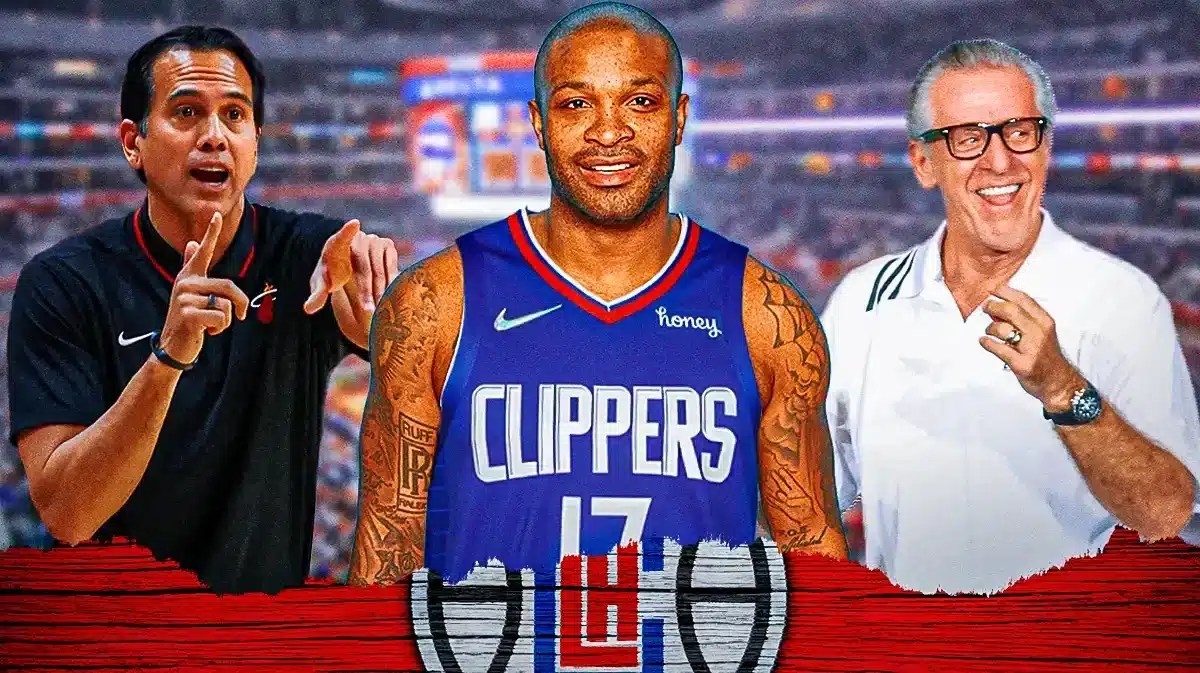 Clippers PJ Tucker surround by Heat coach Erik Spoelstra and Pat Riley
