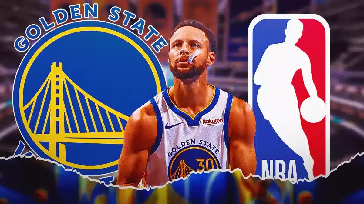 Warriors' Steph Curry stands beside NBA logo ahead of the trade deadline, Jonathan Kuminga plays out of sight