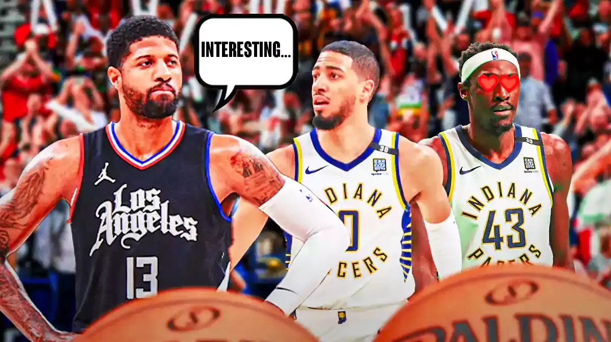 Paul George looking at Pacers' Pascal Siakam, Tyrese Haliburton