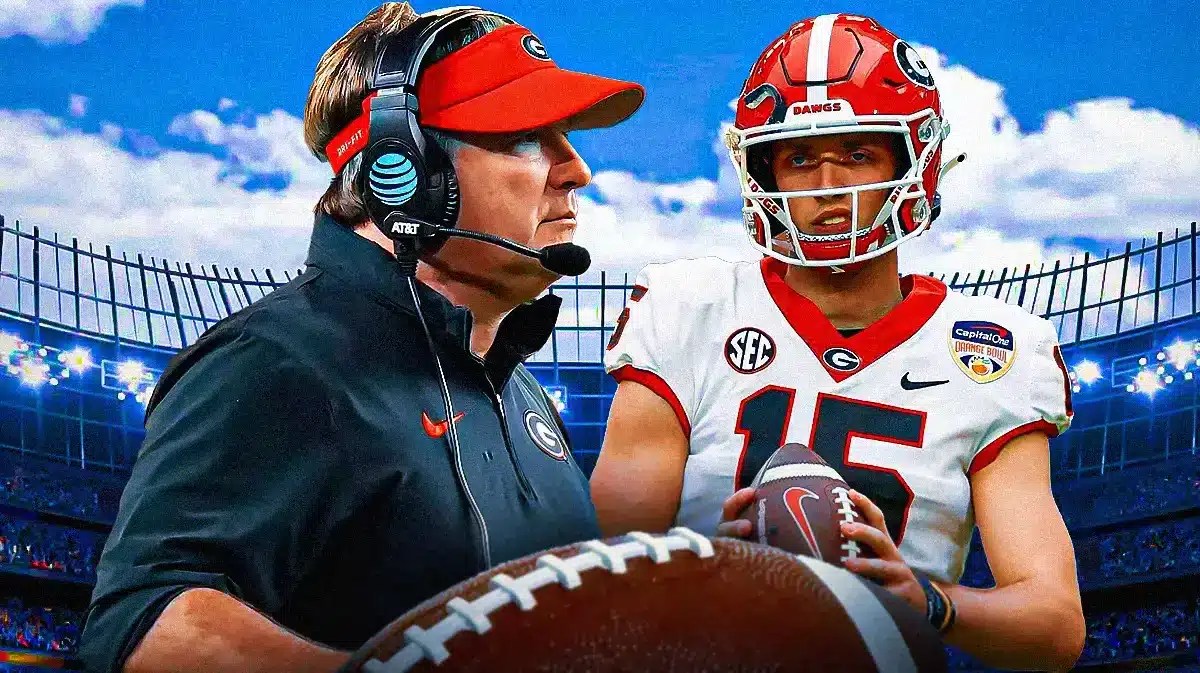 Georgia coach Kirby Smart looking at Carson Beck amid NCAA helmet communication discussion.