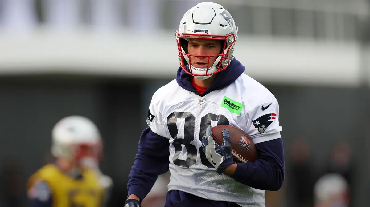 New England Patriots tight end Mike Gesicki (88) participates in an NFL International Series practice at the Deutcher Fussball-Bund facility.