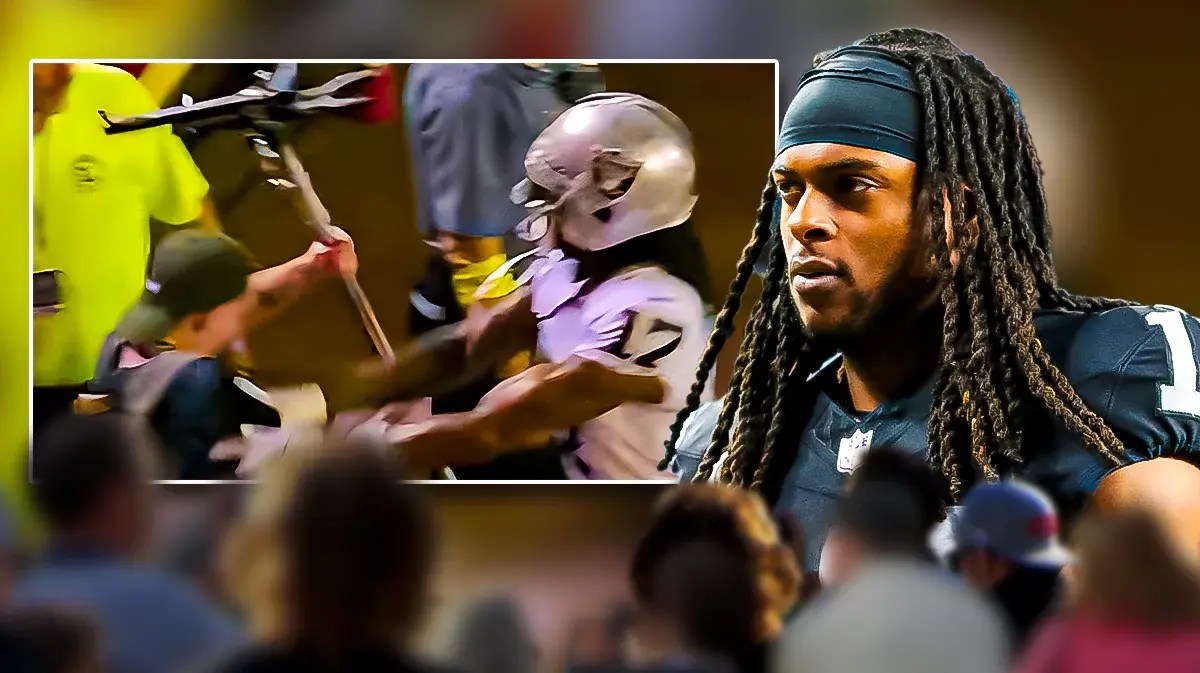 Raiders' Davante Adams next to an image of his shoving incident