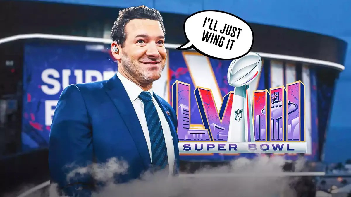 CBS broadcaster Tony Romo and speech bubble “I’ll Just Wing It” and Super Bowl 58 logo