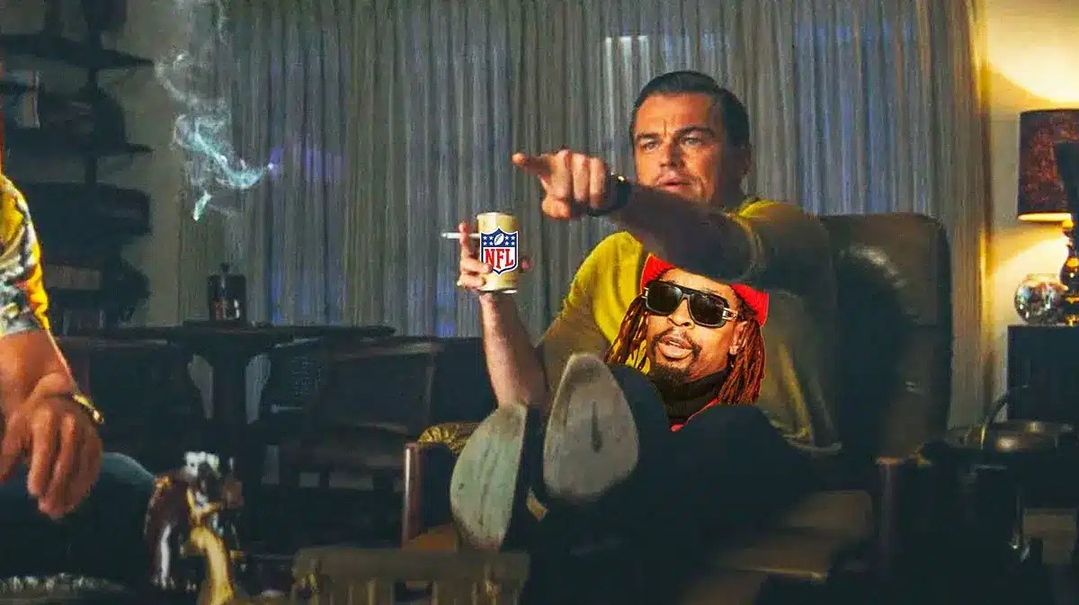 Leo pointing meme watching Usher with NFL logo in his beercan and face of Lil Jon on his shirt
