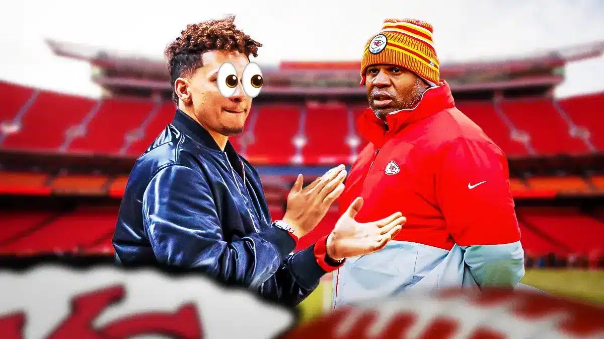 Patrick Mahomes with big eyeball emojis looking at Eric Bieniemy in Chiefs gear